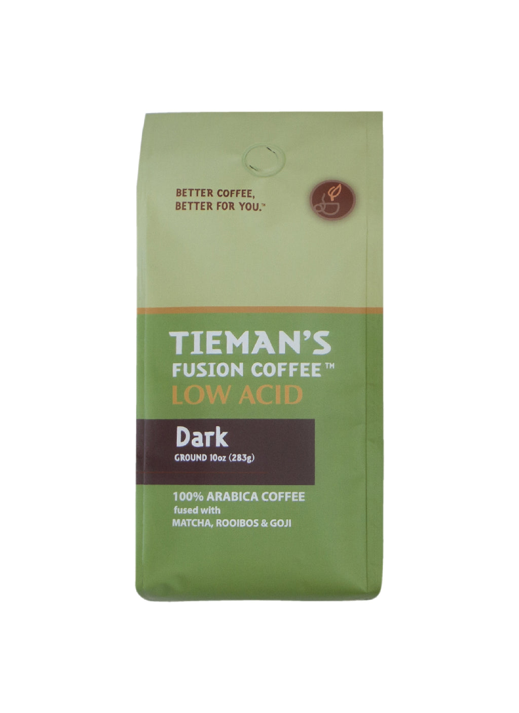 Tieman's Dark Fusion Ground Coffee 10oz – French Roast with Matcha, Rooibos & Goji, Low Acid