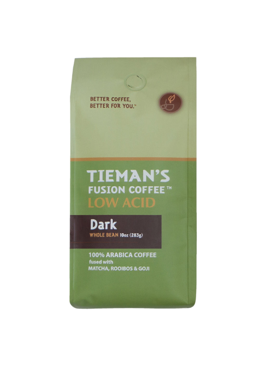 Tieman's Dark Fusion Whole Bean Coffee 10oz – French Roast with Matcha, Rooibos & Goji, Low Acid