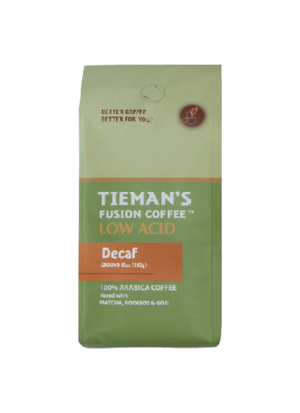 Tieman's Semi-Dark Decaf Ground Coffee 10oz – Water-Processed, Low Acid, with Matcha, Rooibos & Goji